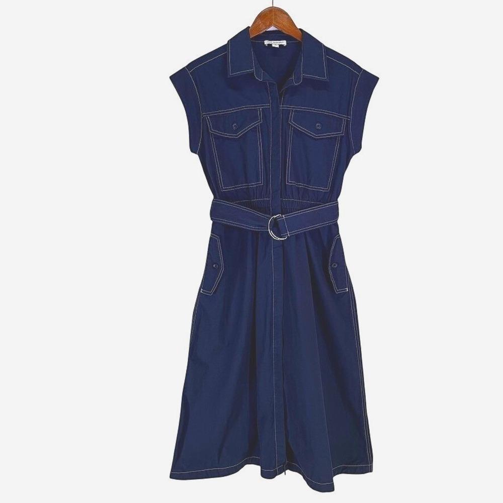 Women's Navy Blue Utility Midi Button Up Shirt Dress White Stitch Small Cotton - Picture 1 of 15